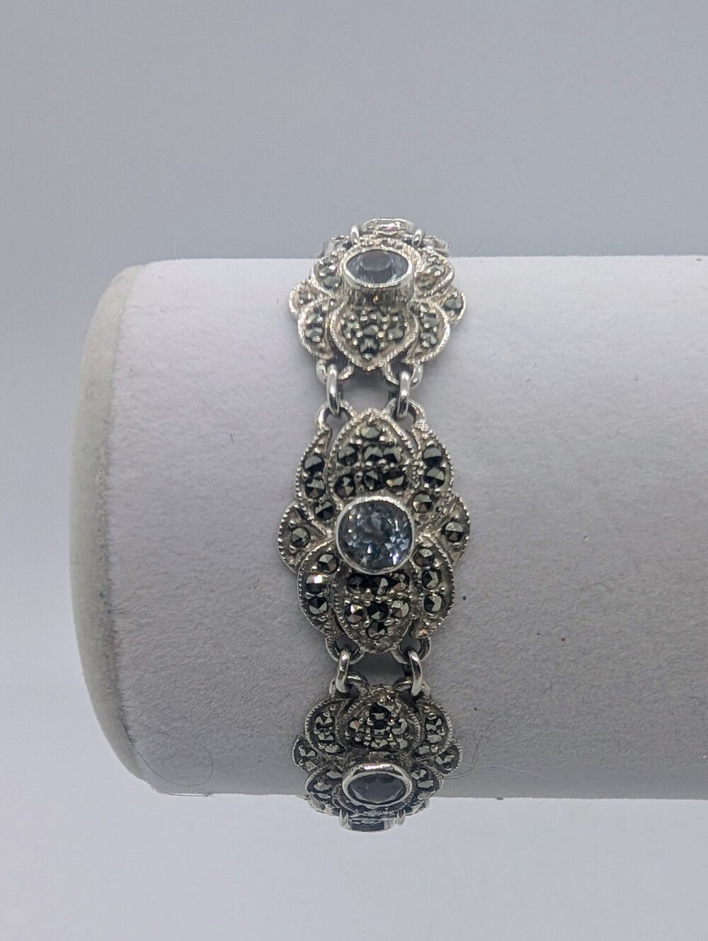 Vintage Sterling Silver Blue Topaz And Marcasite Link Bracelet